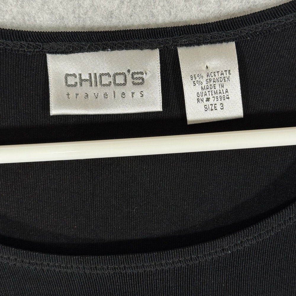 Chicos Travelers Top Women's Size 3 (XL) Diamond Girl Black Slinky Decor‎ Sleeve - Picture 3 of 9
